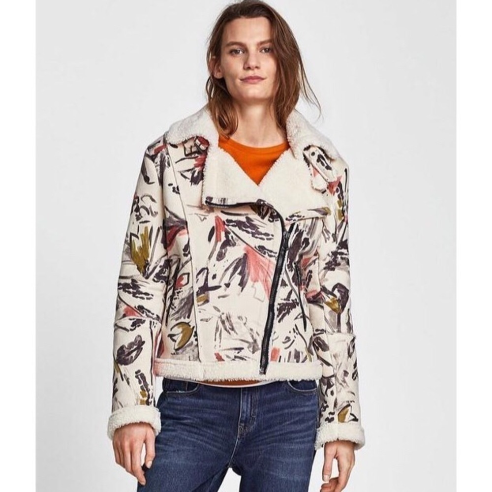 Zara Faux Suede Shearling Painted Moto Zip Jacket